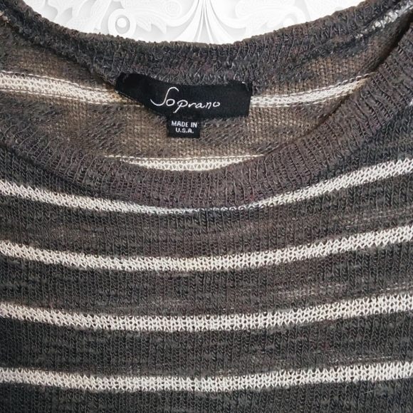 Soprano Grey Loose Knit Semi Sheer Dolman Sleeve Boxy Top With White Stripes - Picture 2 of 3